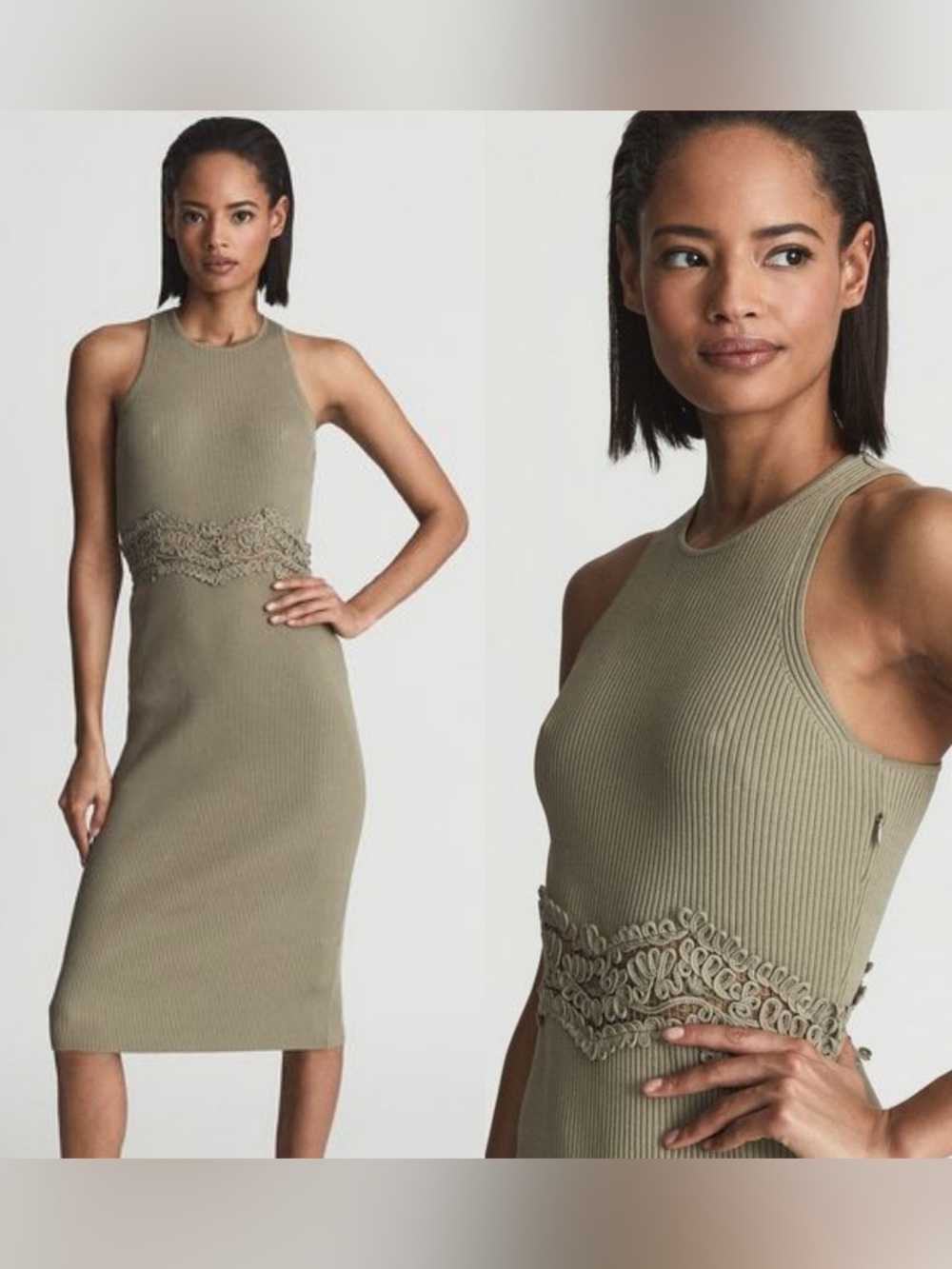 reiss isabella lace detail dress khaki size medium